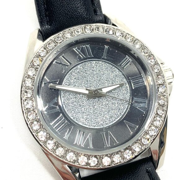 Kessaris Crystal Studded Analog Watch Black/silver Stainless Steel Faux Leather - Picture 2 of 8